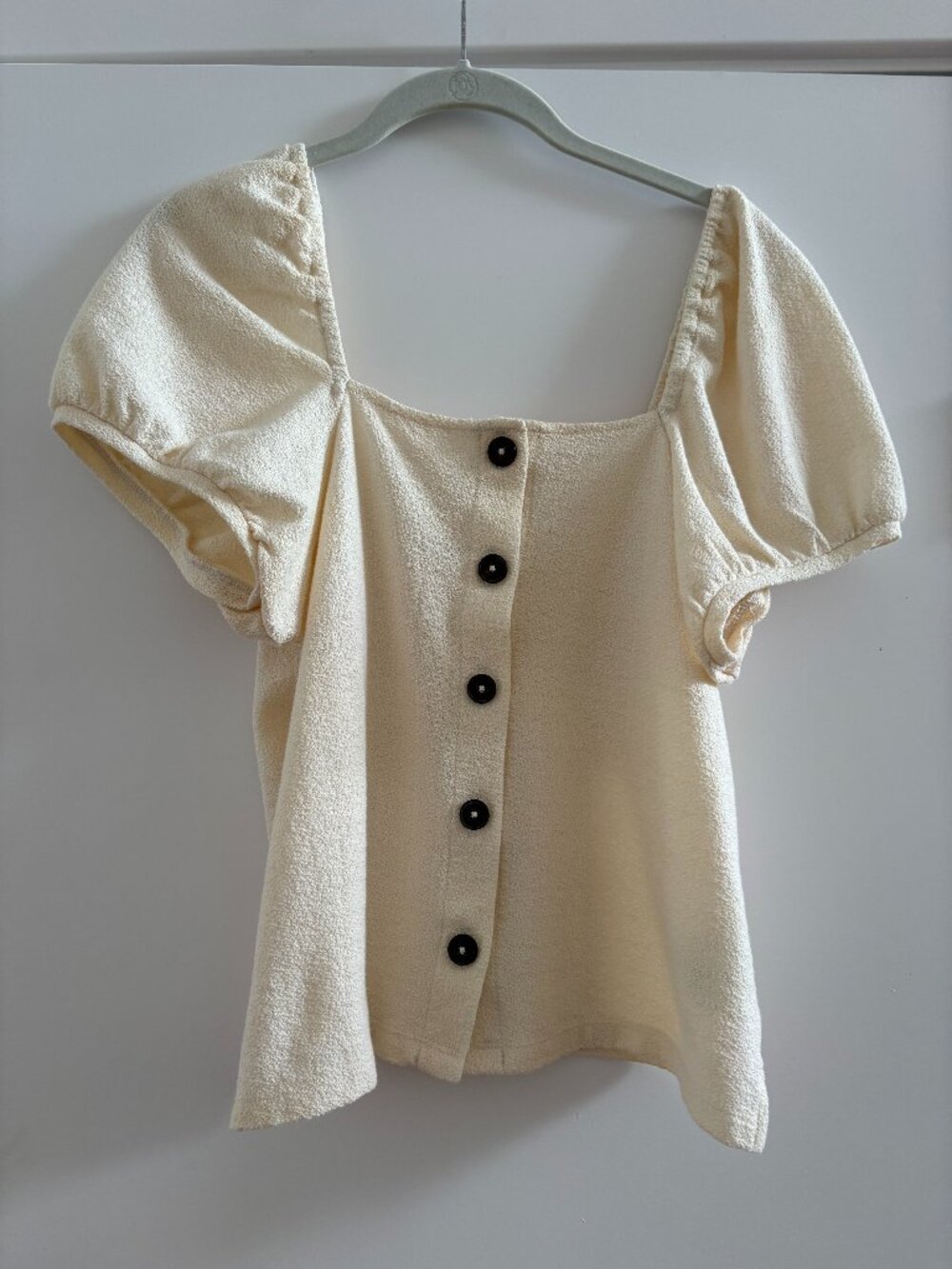 Madewell Textured Cream Puff Sleeve Square Neck Button Front Top, Medium, NWOT